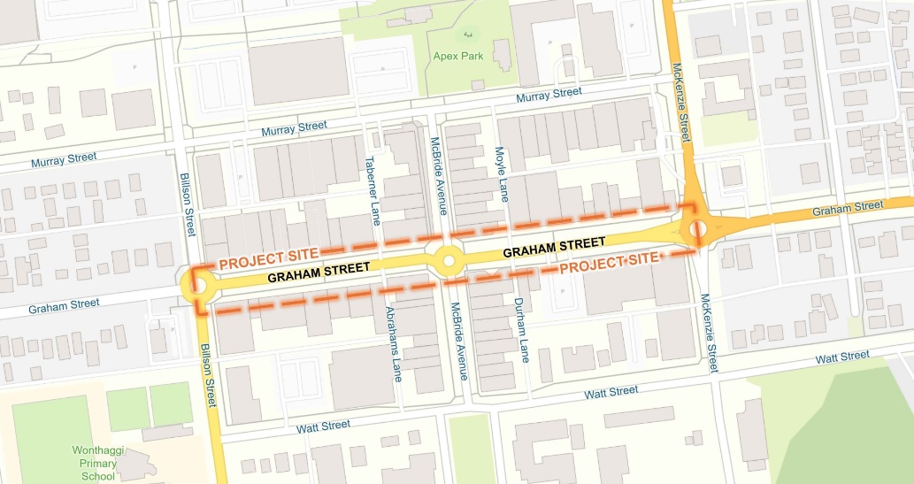 An aerial image showing the project site which extends along Graham Street from the roundabout at Bilson Street to the roundabout at McKenzie Street in Wonthaggi.  