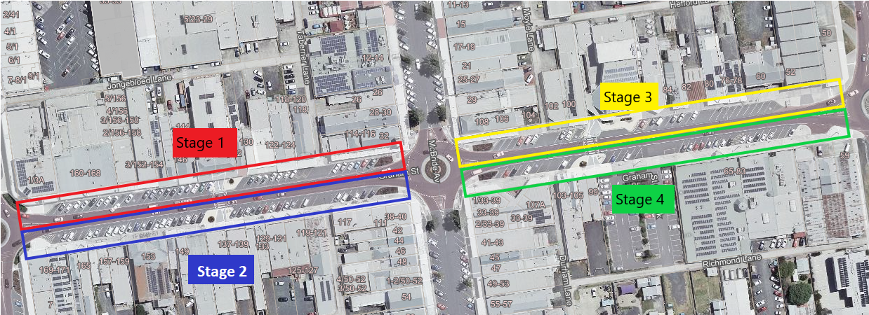 Aerial map showing staging of rectification works. 