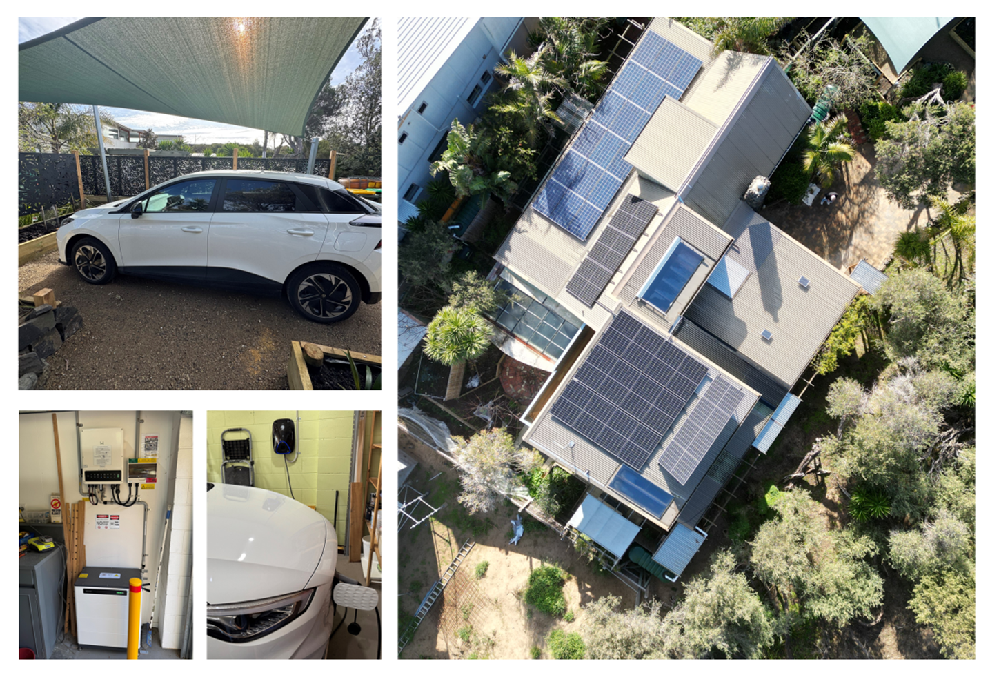 Photo collage showing Laura and Terry's home from above with many solar panels, their electric vehicle charging and their inverter and battery.